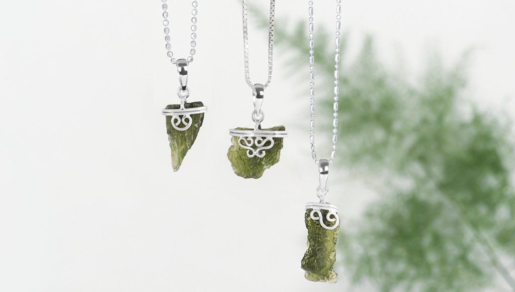 Moldavite jewelry made in 925 sterling silver and rose gold vermeil